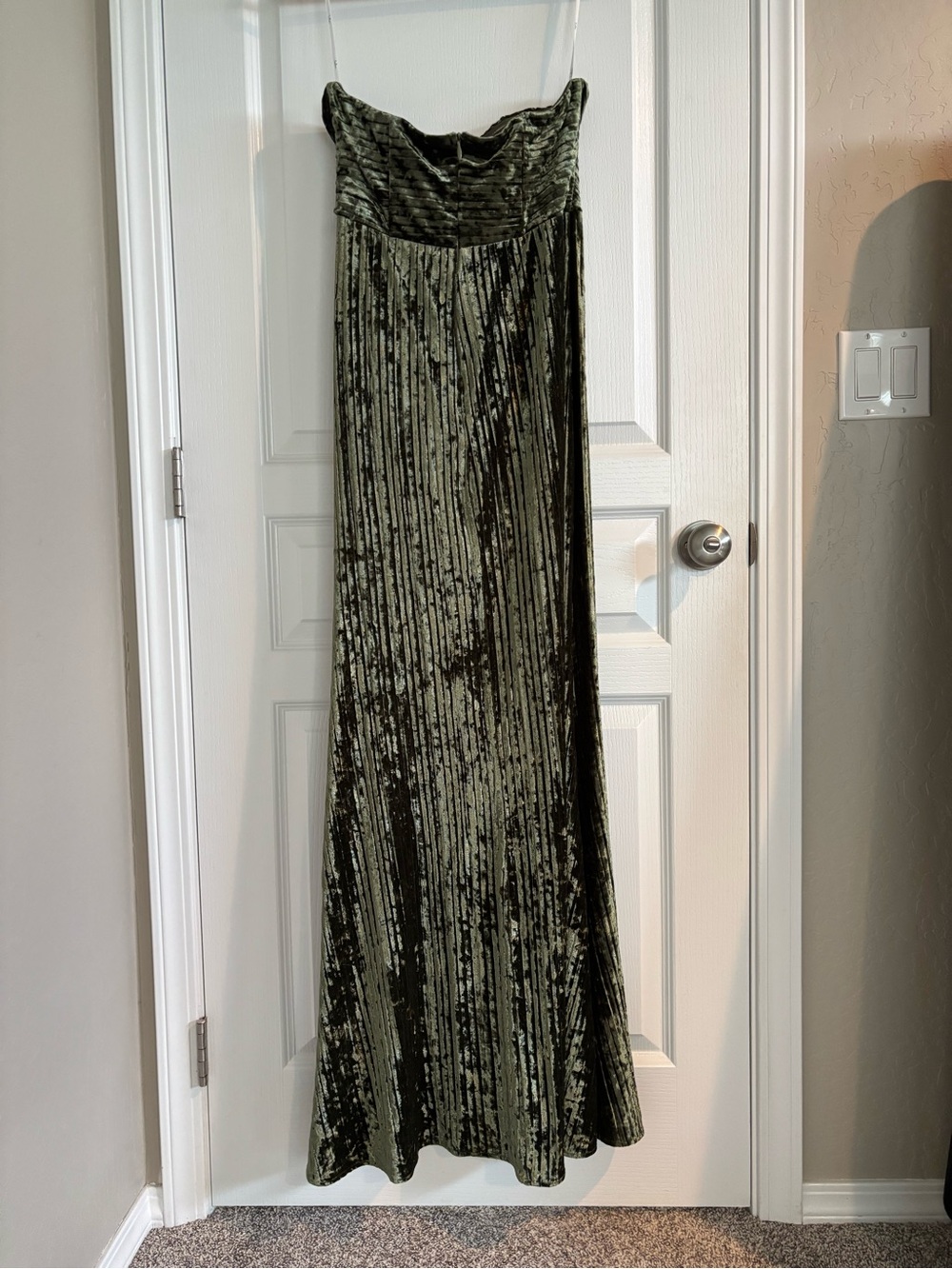 Lulu's Olive Green Velvet Strapless Gown with Side Slit - Picture 6 of 6